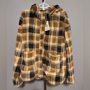 Easel Womens Checkered Soft Fuzzy Jacket Brown multicolored Small Comfy